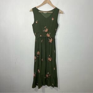 Anthropologie Kindred Green Floral Embroidered Long Smocked Waist Dress Size M
